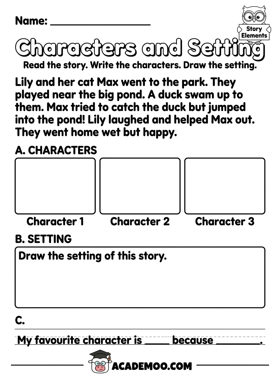 Characters and Setting worksheet — kindergarten language arts printable PDF · Printable characters and setting worksheet for Kindergarten.