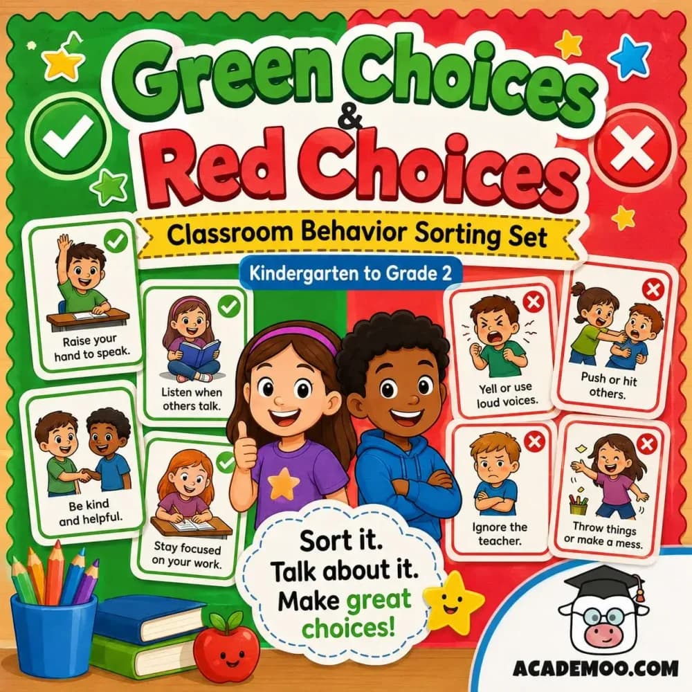 Green and Red Choices Classroom Behavior Sorting Activity worksheet — kindergarten language arts printable PDF · Free printable classroom behavior sorting activity for Kindergarten.