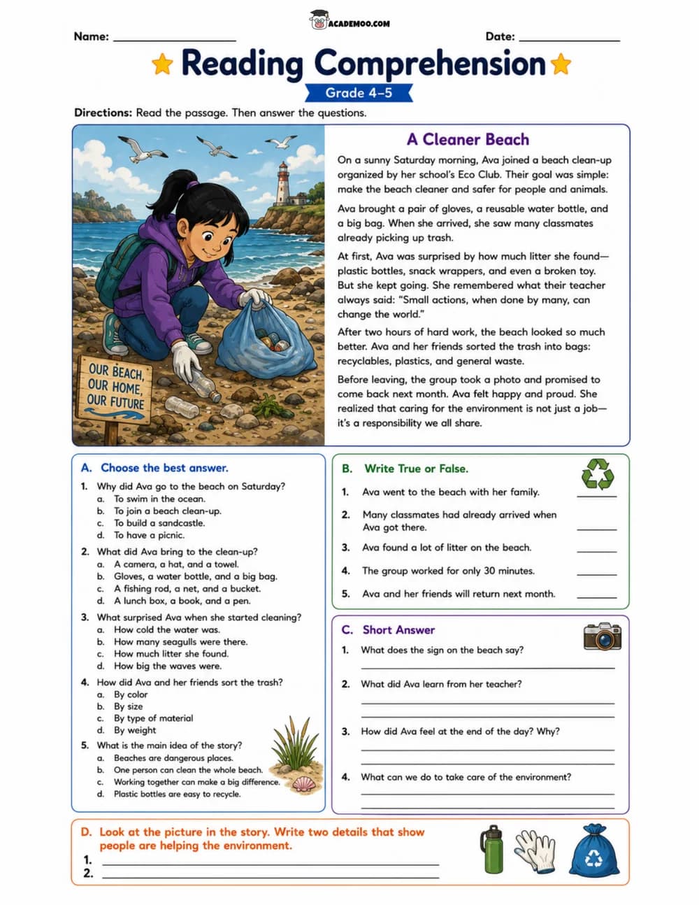 A Cleaner Beach worksheet — 5th grade language arts printable PDF · Printable A Cleaner Beach reading comprehension worksheet for 5th Grade.