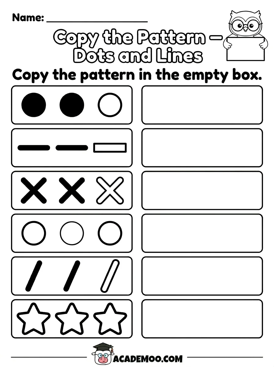 Copy the Pattern Dots and Lines worksheet — pre-k math printable PDF · Printable copy the pattern dots and lines worksheet for Pre-K.