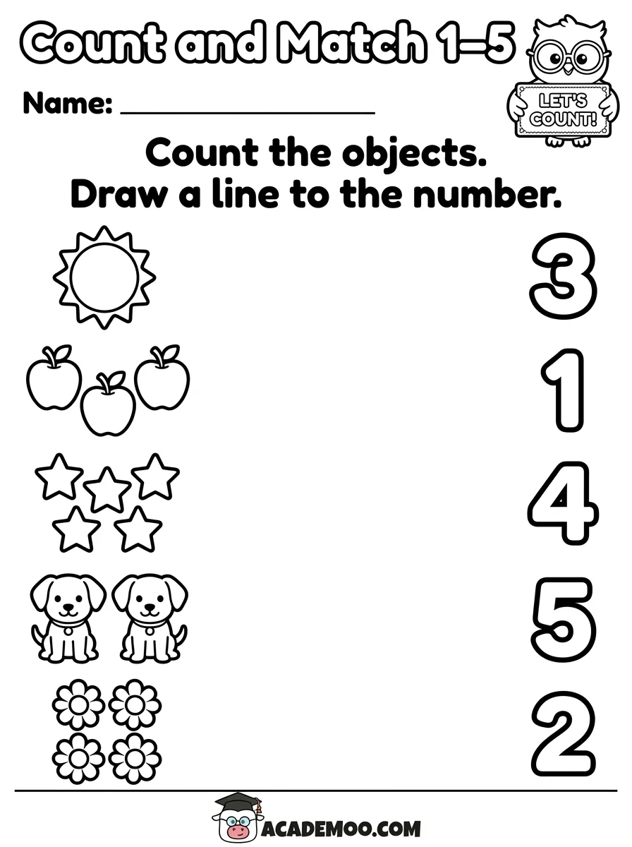 Count and Match 1 to 5 worksheet — pre-k math printable PDF · Printable count and match 1 to 5 worksheet for Pre-K.