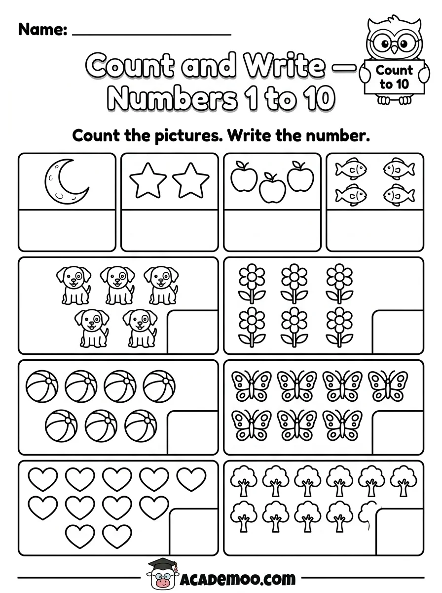 Count and Write Numbers 1 to 10 worksheet — kindergarten math printable PDF · Free printable count and write numbers 1 to 10 worksheet for Kindergarten.