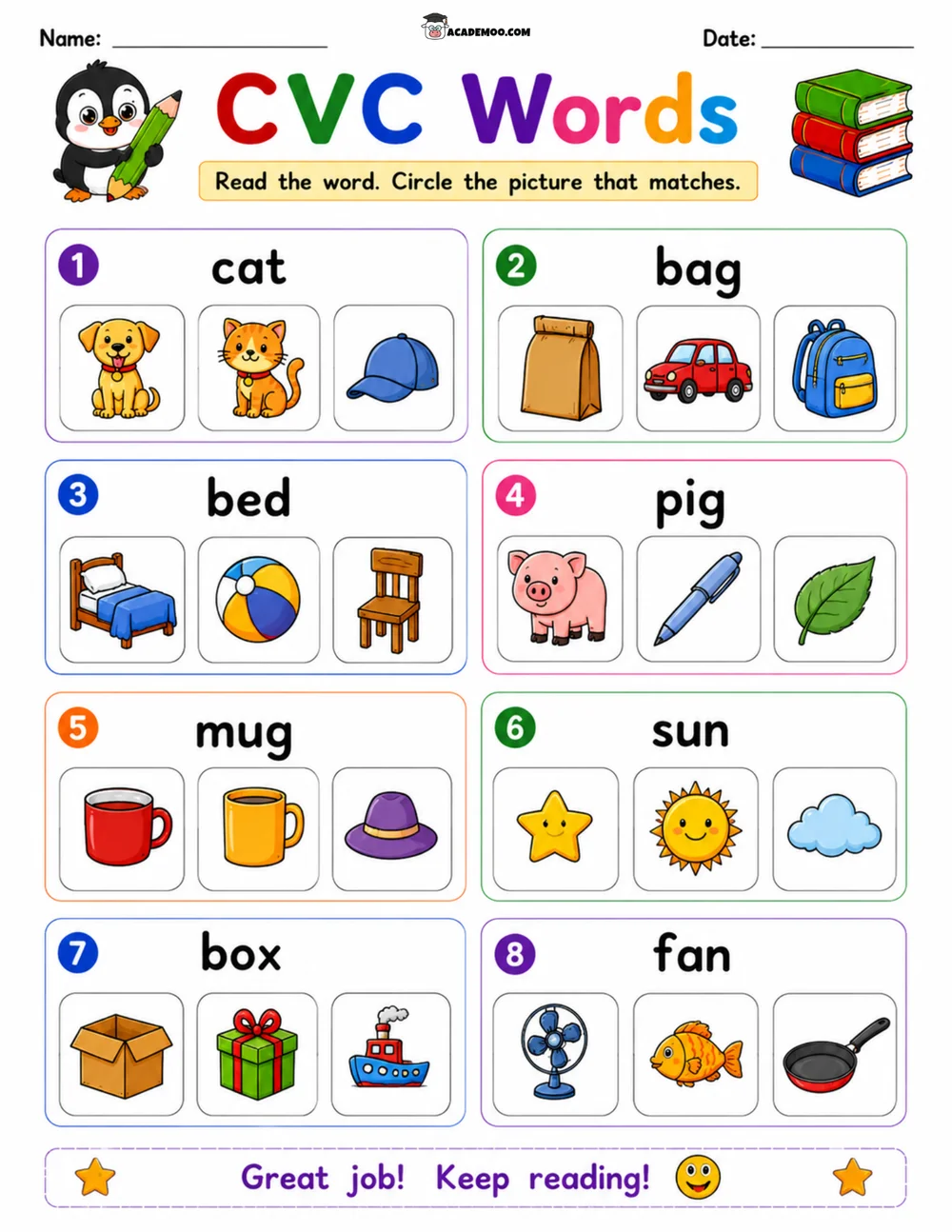 CVC Words Picture Match 1 worksheet — kindergarten language arts printable PDF · Printable CVC words picture match worksheet for Kindergarten.