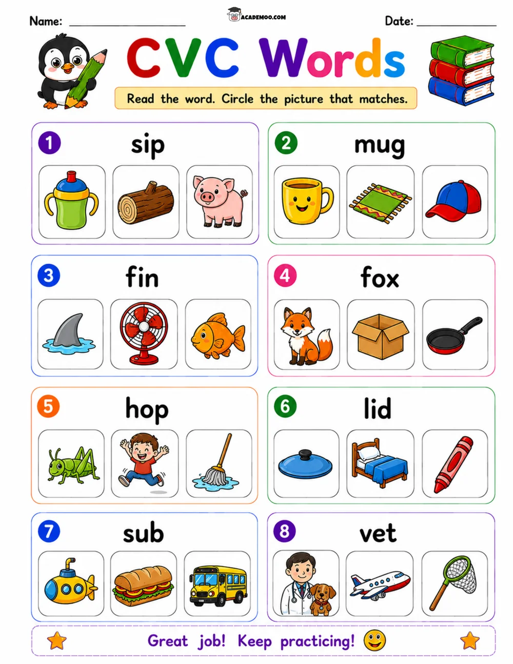 CVC Words Picture Match 10 worksheet — kindergarten language arts printable PDF · Printable CVC words picture match worksheet for Kindergarten.