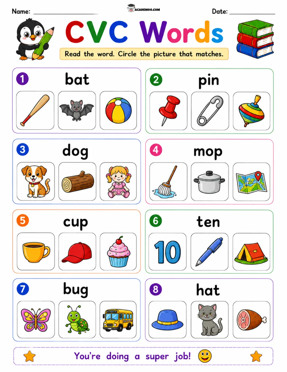 CVC Words Picture Match 2 worksheet — kindergarten language arts printable PDF · Printable CVC words picture match worksheet for Kindergarten.