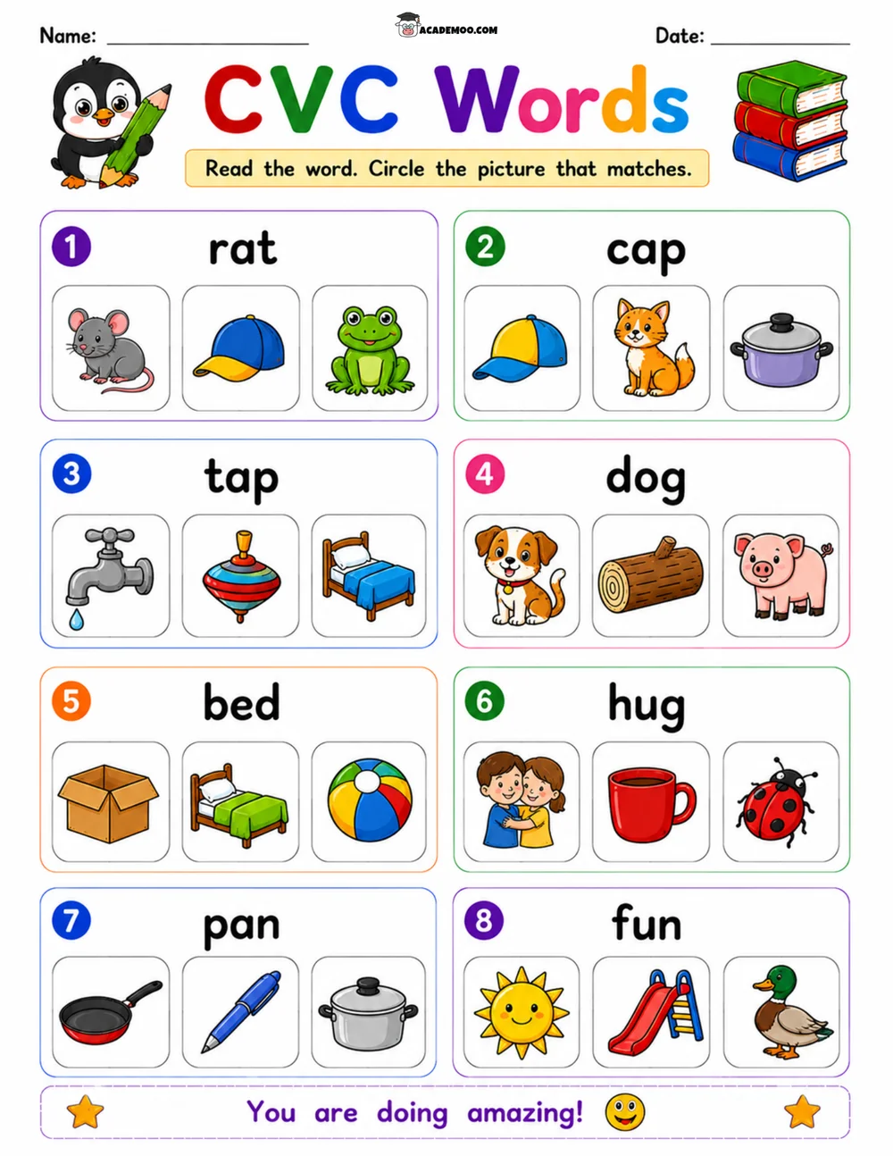CVC Words Picture Match 6 worksheet — kindergarten language arts printable PDF · Printable CVC words picture match worksheet for Kindergarten.