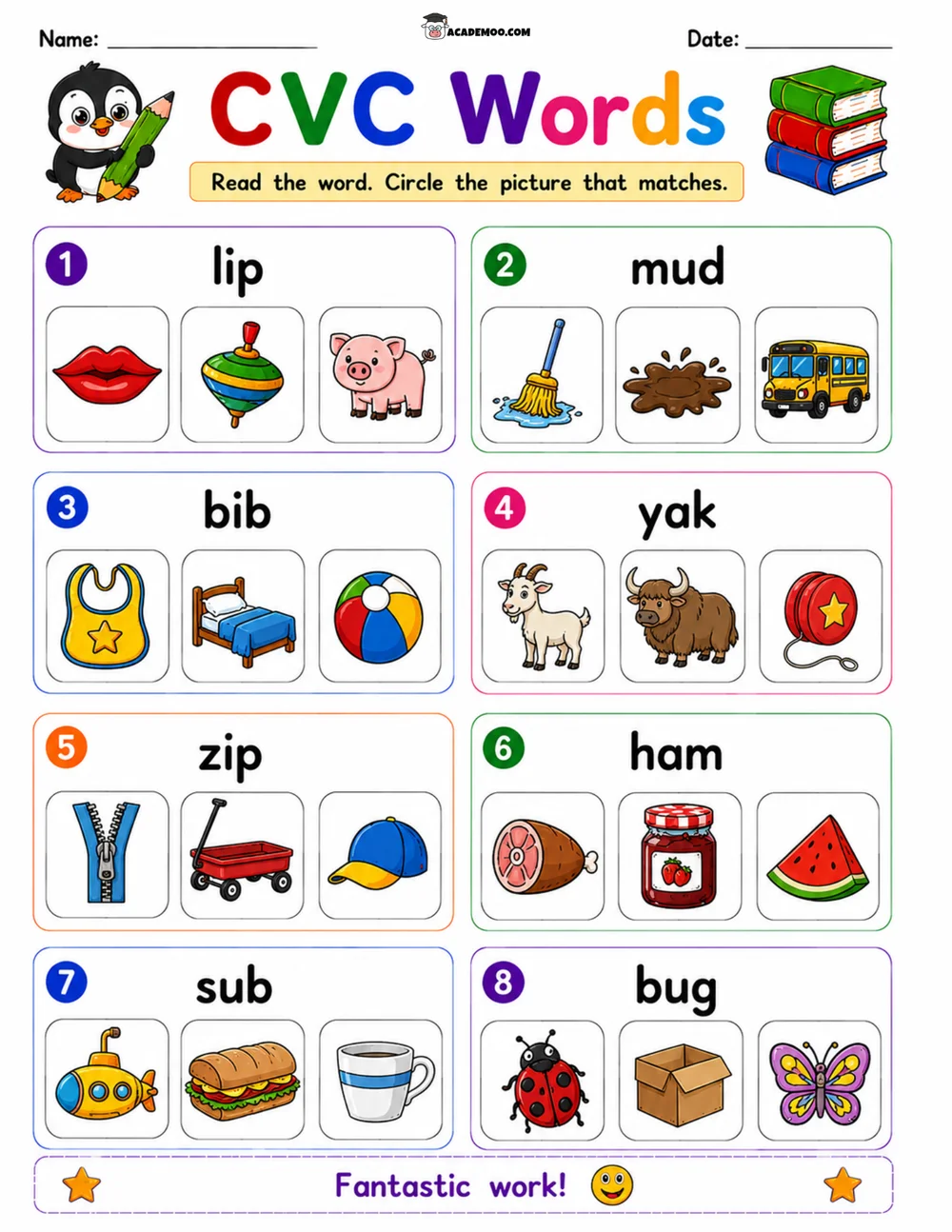 CVC Words Picture Match 7 worksheet — kindergarten language arts printable PDF · Printable CVC words picture match worksheet for Kindergarten.