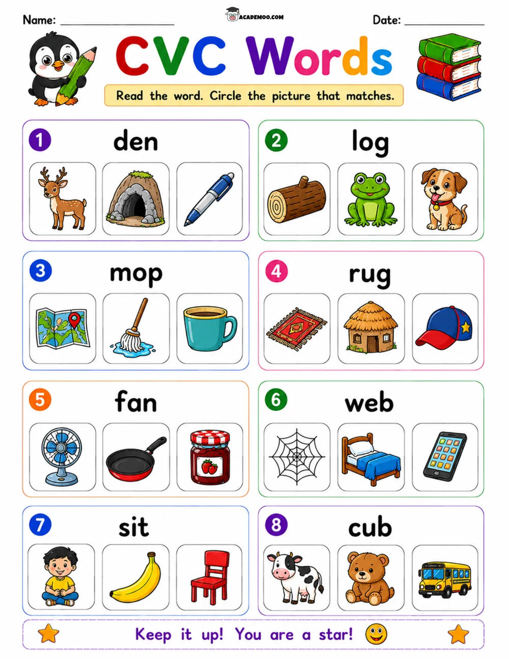 CVC Words Picture Match 8 worksheet — kindergarten language arts printable PDF · Printable CVC words picture match worksheet for Kindergarten.