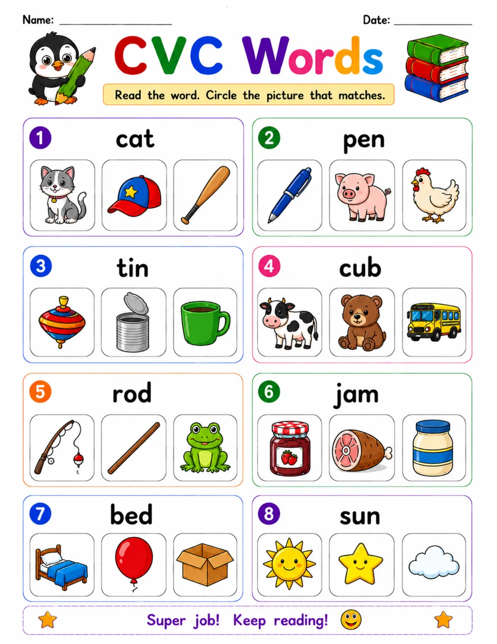 CVC Words Picture Match 9 worksheet — kindergarten language arts printable PDF · Printable CVC words picture match worksheet for Kindergarten.