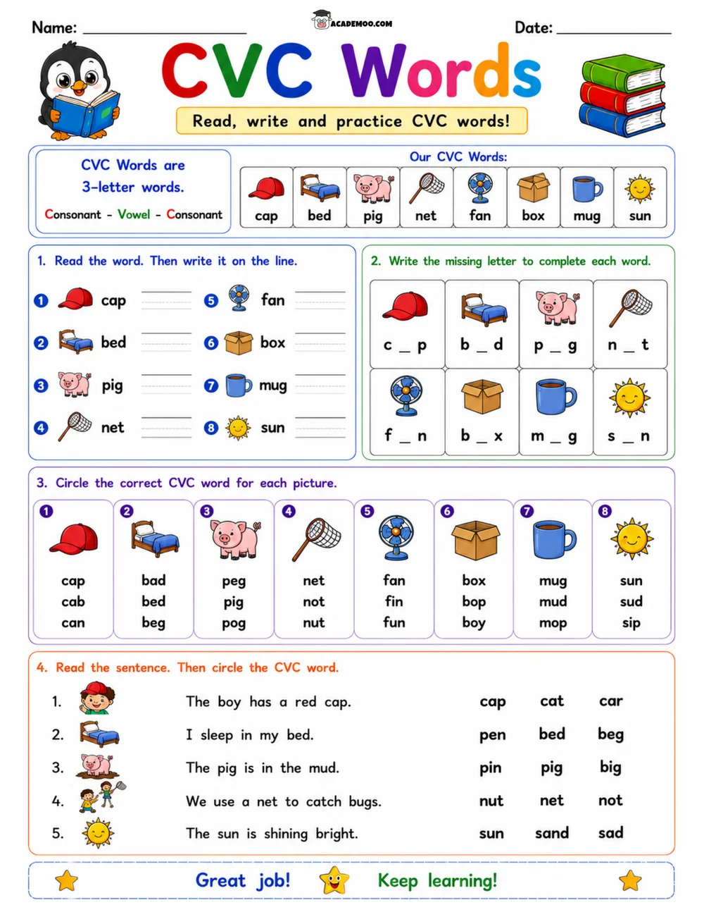 CVC Words Read Write Practice 1 worksheet — kindergarten language arts printable PDF · Printable CVC words read write practice worksheet for Kindergarten.