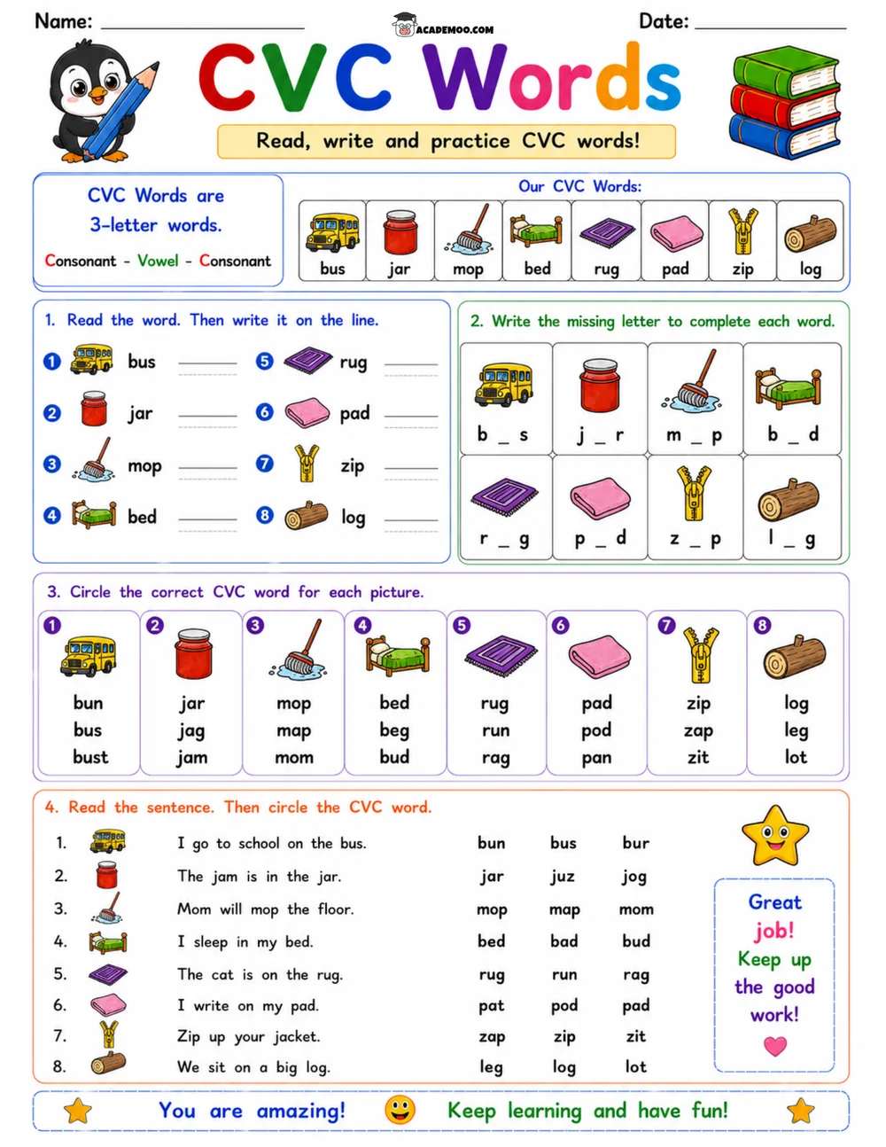CVC Words Read Write Practice 3 worksheet — kindergarten language arts printable PDF · Printable CVC words read write practice worksheet for Kindergarten.