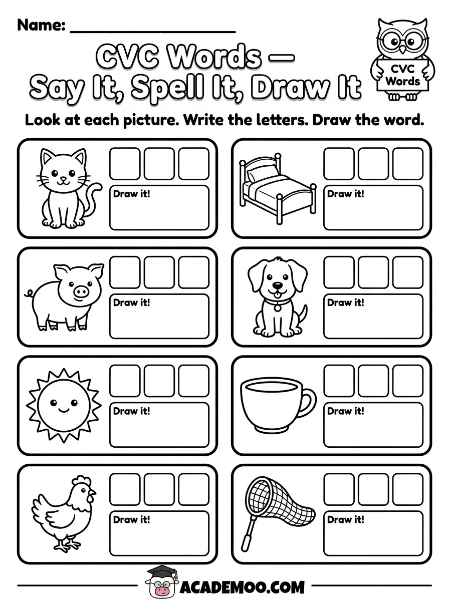 CVC Words Say It Spell It Draw It worksheet — kindergarten language arts printable PDF · Printable cvc words say it spell it draw it worksheet for Kindergarten.