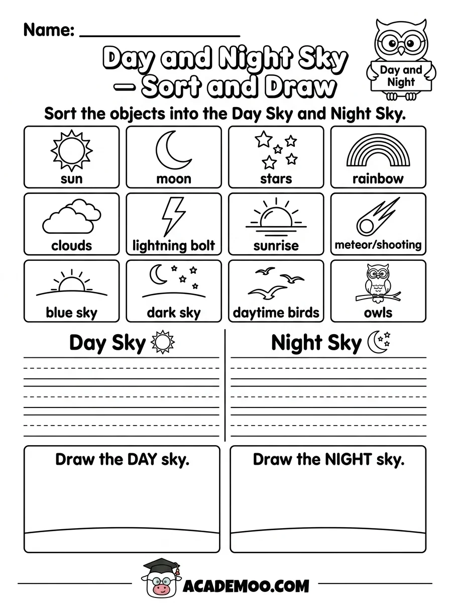 Day and Night Sky Sort worksheet — kindergarten science printable PDF · Printable day and night sky sort worksheet for Kindergarten.
