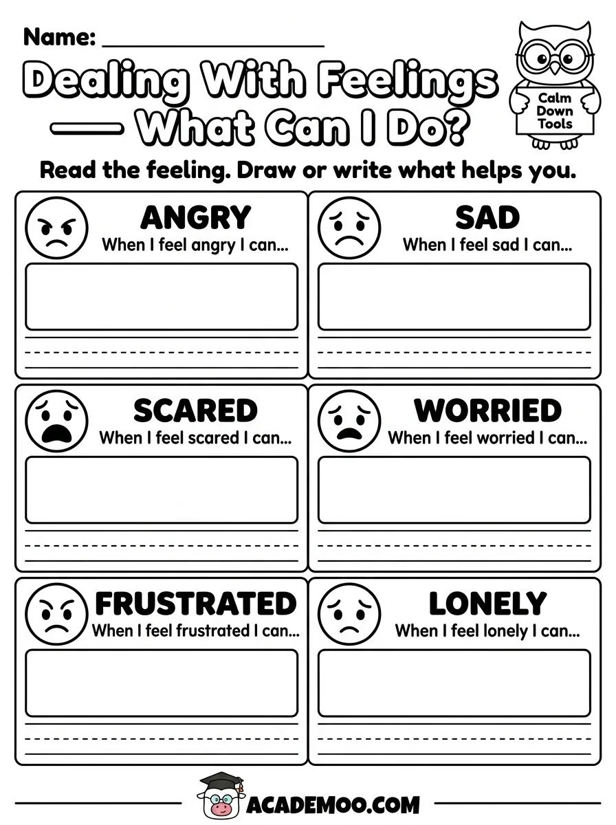 Dealing With Feelings worksheet — kindergarten language arts printable PDF · Printable dealing with feelings worksheet for Kindergarten.