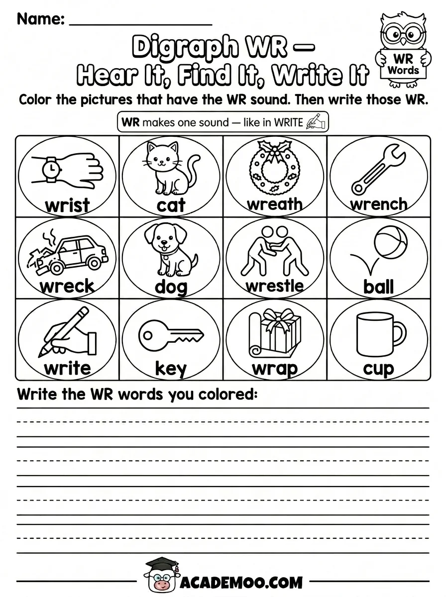 Digraph WR Hear It Find It Write It worksheet — 1st grade language arts printable PDF · Printable digraph wr hear it find it write it worksheet for 1st Grade.