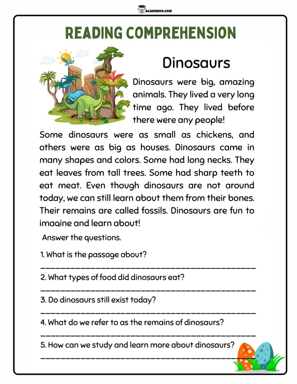 Dinosaurs Reading Comprehension worksheet — 2nd grade language arts printable PDF · Printable Dinosaurs reading comprehension worksheet for 2nd Grade.
