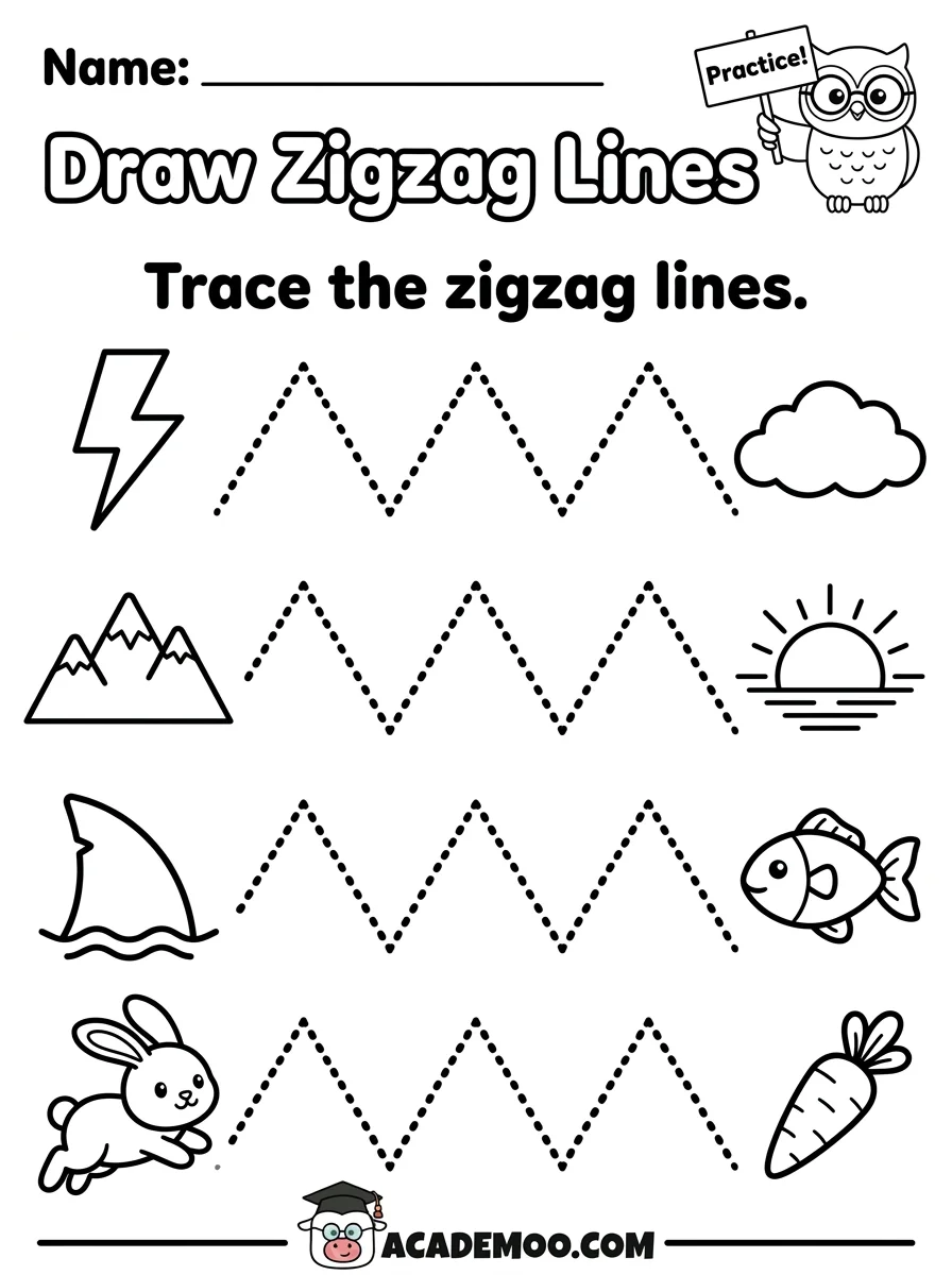 Draw Zigzag Lines worksheet — pre-k language arts printable PDF · Printable draw zigzag lines worksheet for Pre-K.