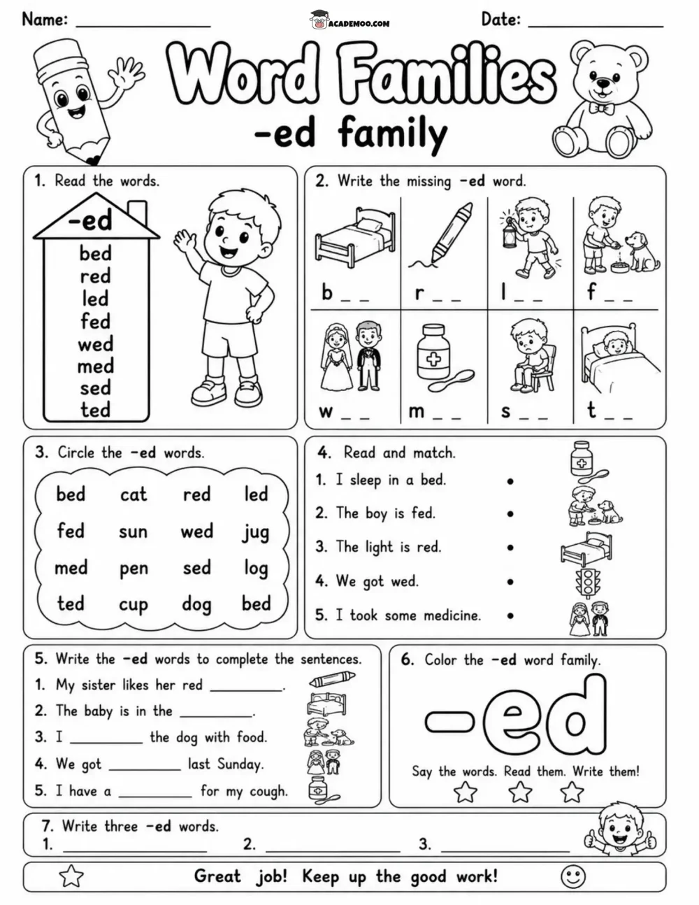 ED Word Family Practice worksheet — kindergarten language arts printable PDF · Printable ed word family practice worksheet for Kindergarten.