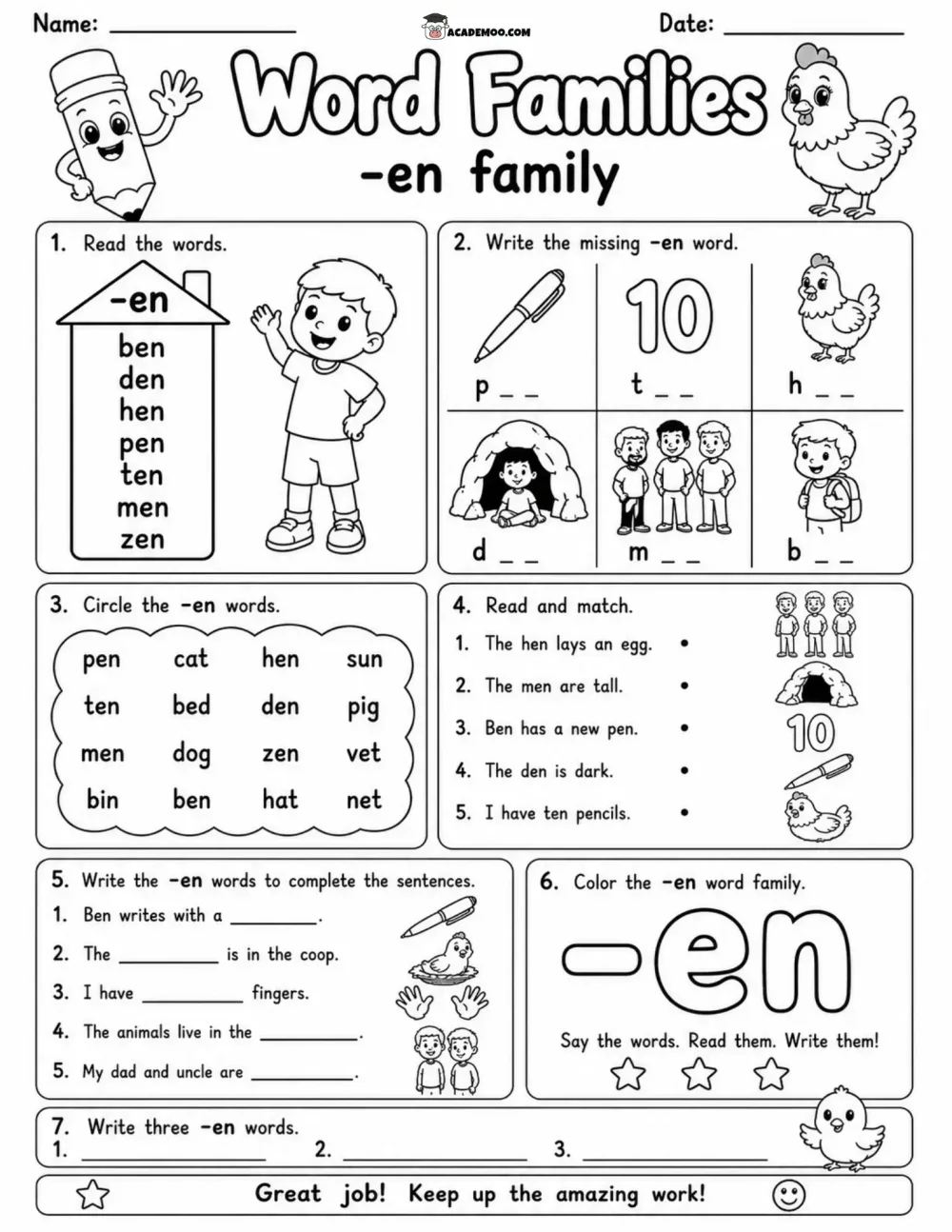 EN Word Family Practice worksheet — kindergarten language arts printable PDF · Printable en word family practice worksheet for Kindergarten.