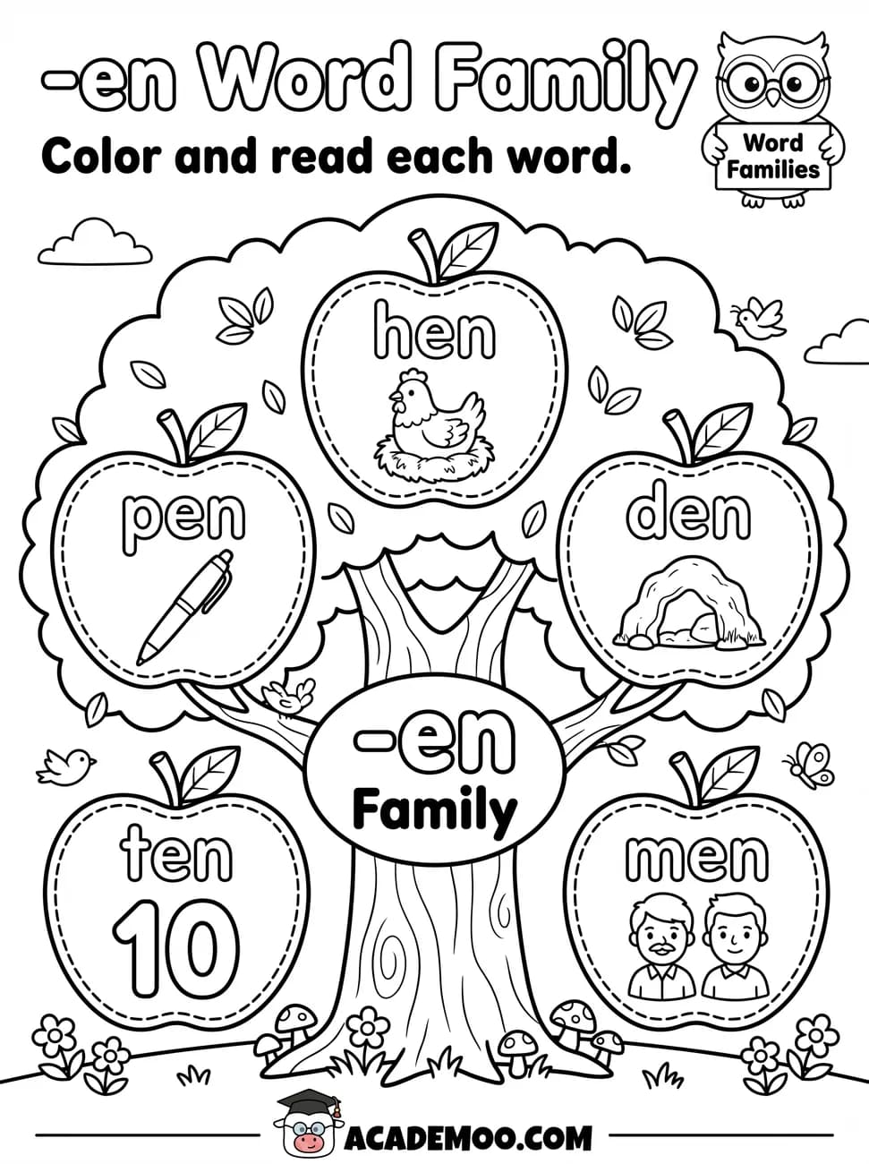 -en Word Family worksheet — kindergarten language arts printable PDF · Color and read each -en word on the apple tree: hen, pen, den, ten, men.