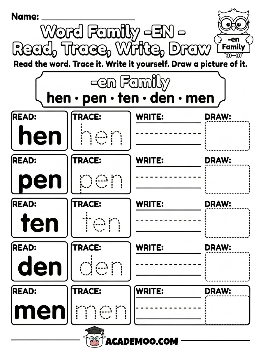 EN Word Family Read Trace Write worksheet — kindergarten language arts printable PDF · Printable en word family read trace write worksheet for Kindergarten.