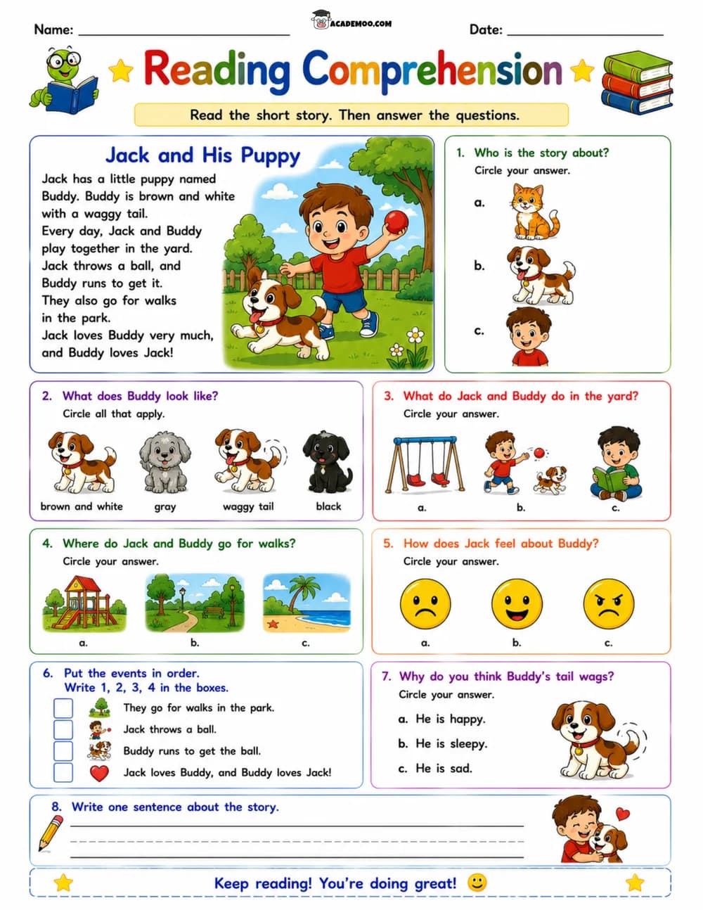 Jack and His Puppy Reading Comprehension worksheet — 1st grade language arts printable PDF · Printable jack and his puppy reading comprehension worksheet for 1st Grade.