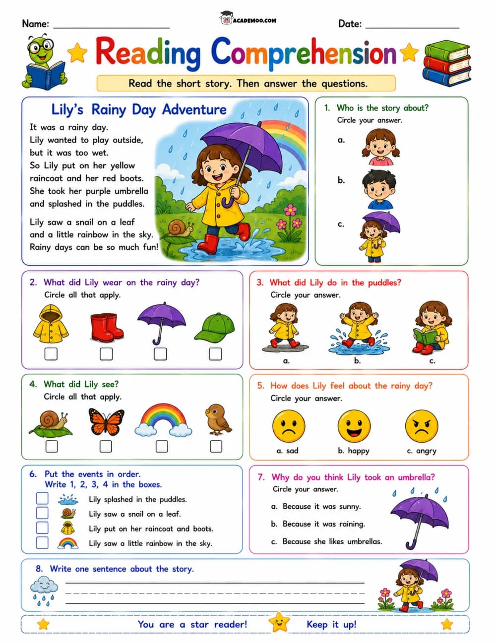 Lily's Rainy Day Adventure Reading Comprehension worksheet — 1st grade language arts printable PDF · Printable lily's rainy day adventure reading comprehension worksheet for 1st Grade.