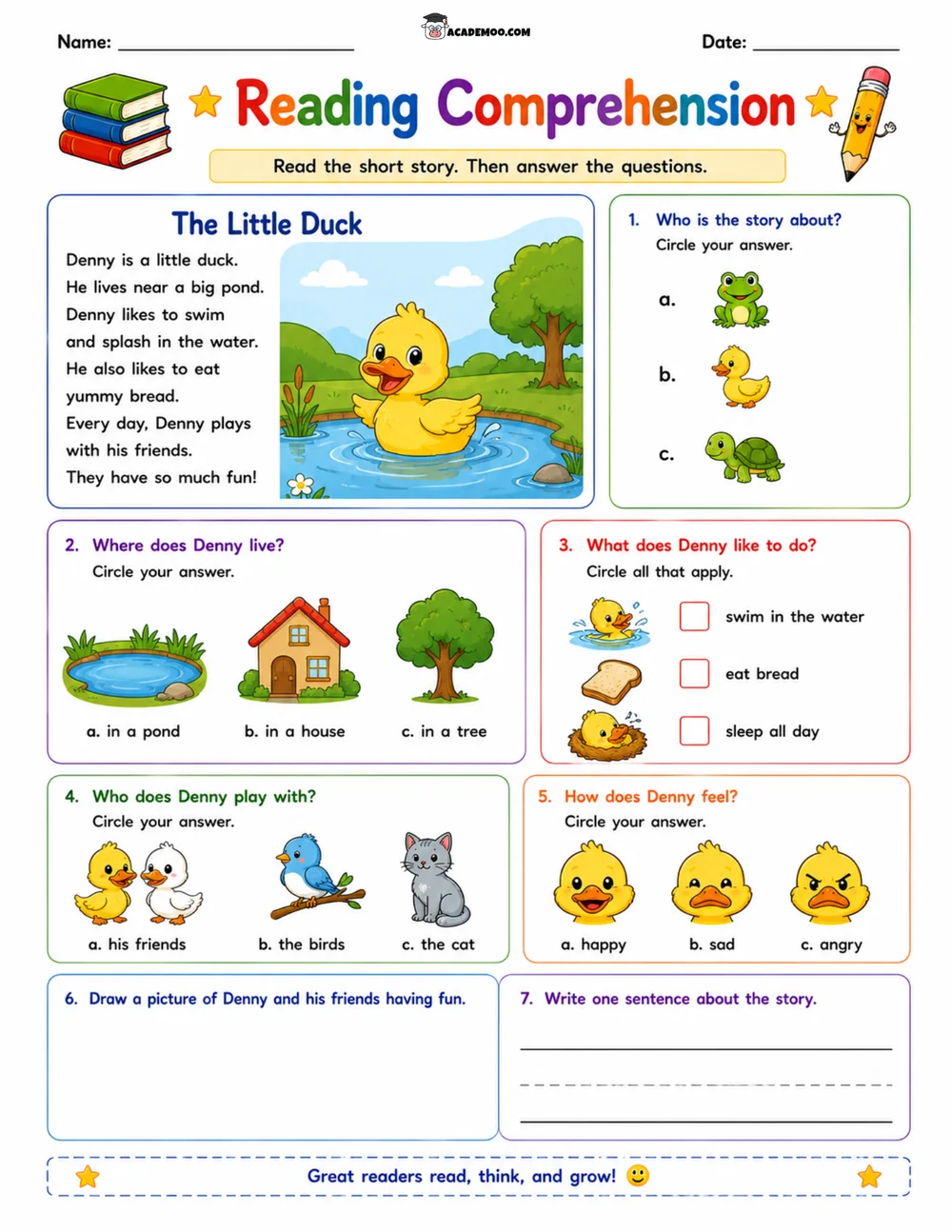 The Little Duck Reading Comprehension worksheet — 1st grade language arts printable PDF · Printable the little duck reading comprehension worksheet for 1st Grade.