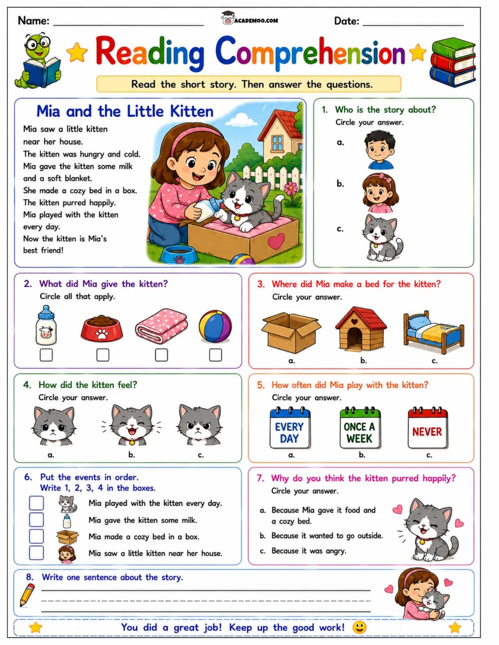Mia and the Little Kitten Reading Comprehension worksheet — 1st grade language arts printable PDF · Printable mia and the little kitten reading comprehension worksheet for 1st Grade.