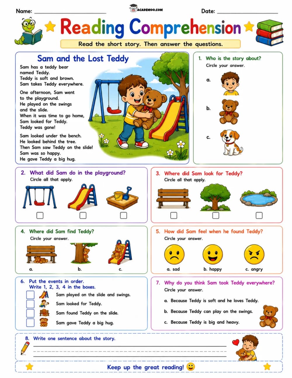 Sam and the Lost Teddy Reading Comprehension worksheet — 1st grade language arts printable PDF · Printable sam and the lost teddy reading comprehension worksheet for 1st Grade.