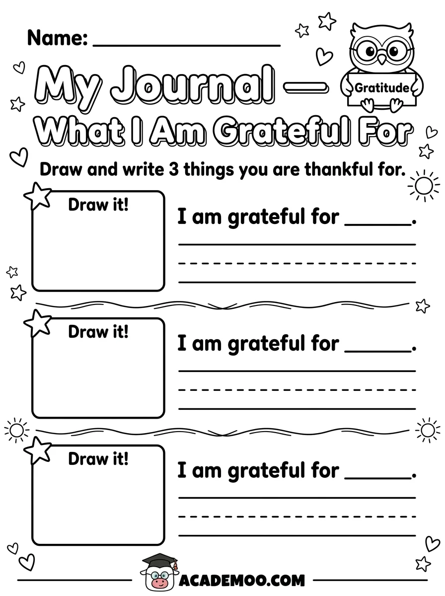 Gratitude Journal worksheet — kindergarten language arts printable PDF · Printable gratitude journal worksheet for Kindergarten.