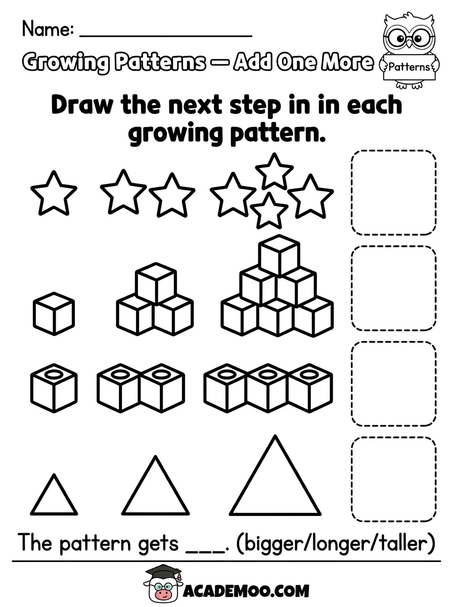Growing Patterns Add One More worksheet — pre-k math printable PDF · Free printable Growing Patterns Add One More worksheet for Pre-K.