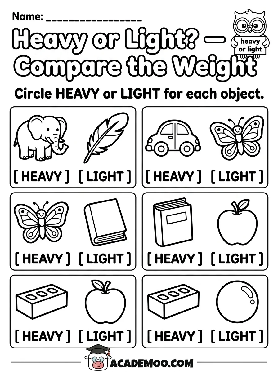 Heavy or Light Compare the Weight worksheet — pre-k math printable PDF · Free printable Heavy or Light Compare the Weight worksheet for Pre-K.