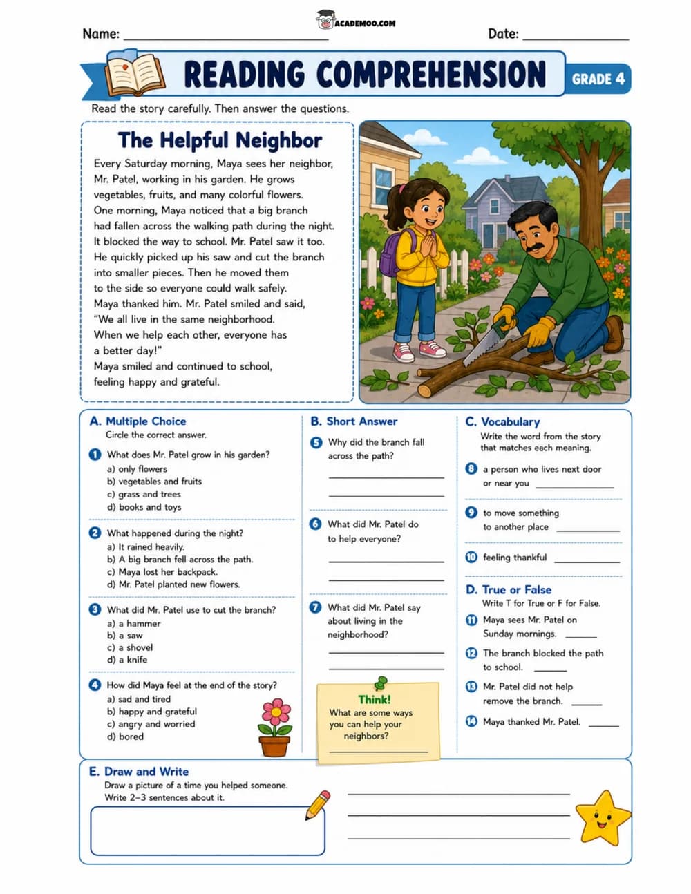 The Helpful Neighbor worksheet — 4th grade language arts printable PDF · Printable The Helpful Neighbor reading comprehension worksheet for 4th Grade.