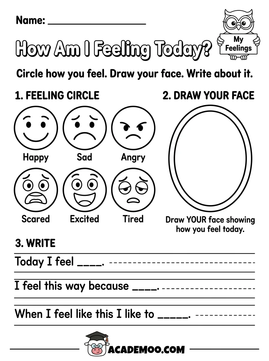 How Am I Feeling Today? worksheet — kindergarten language arts printable PDF · Printable how am i feeling today?