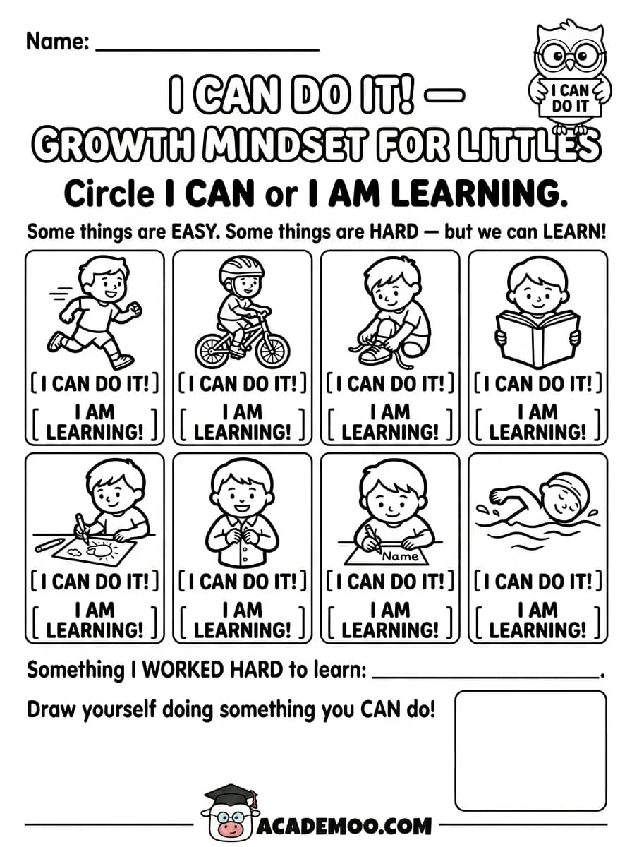 I Can Do It Growth Mindset for Littles worksheet — pre-k language arts printable PDF · Free printable I Can Do It Growth Mindset for Littles worksheet for Pre-K.