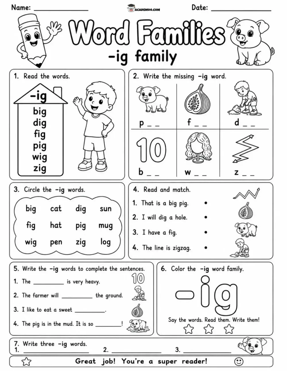 IG Word Family Practice worksheet — kindergarten language arts printable PDF · Printable ig word family practice worksheet for Kindergarten.