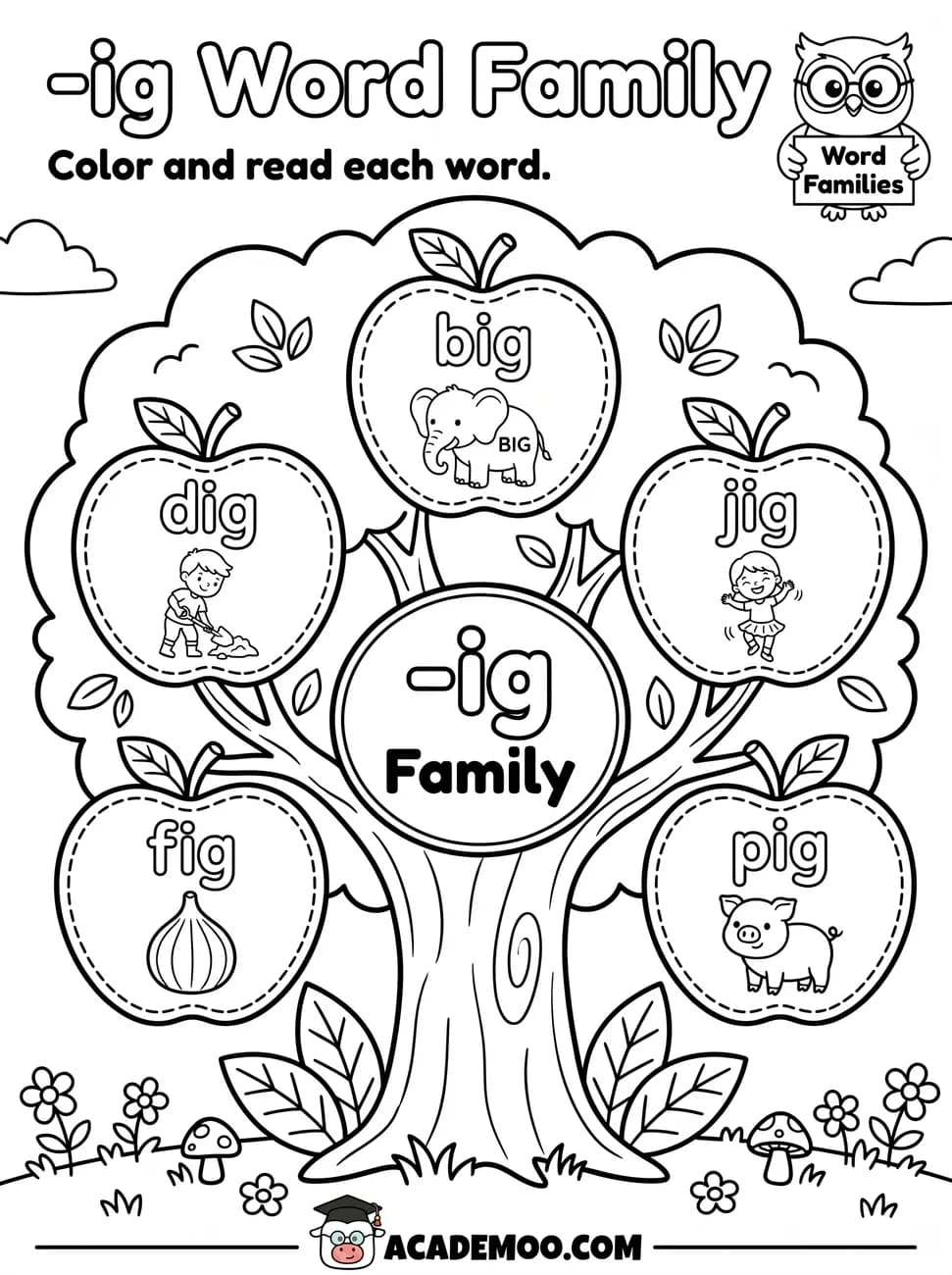 -ig Word Family worksheet — kindergarten language arts printable PDF · Color and read each -ig word on the apple tree: big, dig, jig, fig, pig.