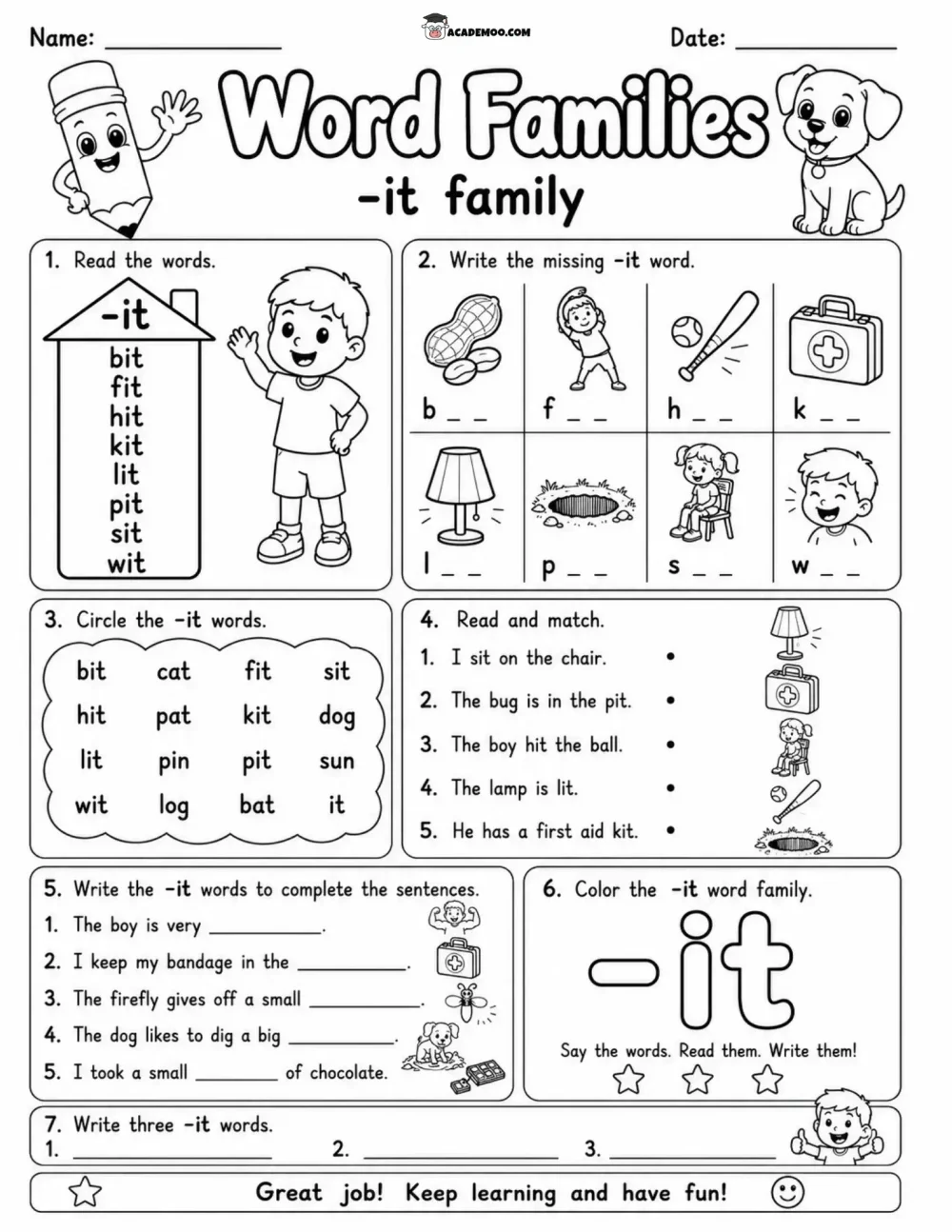 IT Word Family Practice worksheet — kindergarten language arts printable PDF · Printable it word family practice worksheet for Kindergarten.