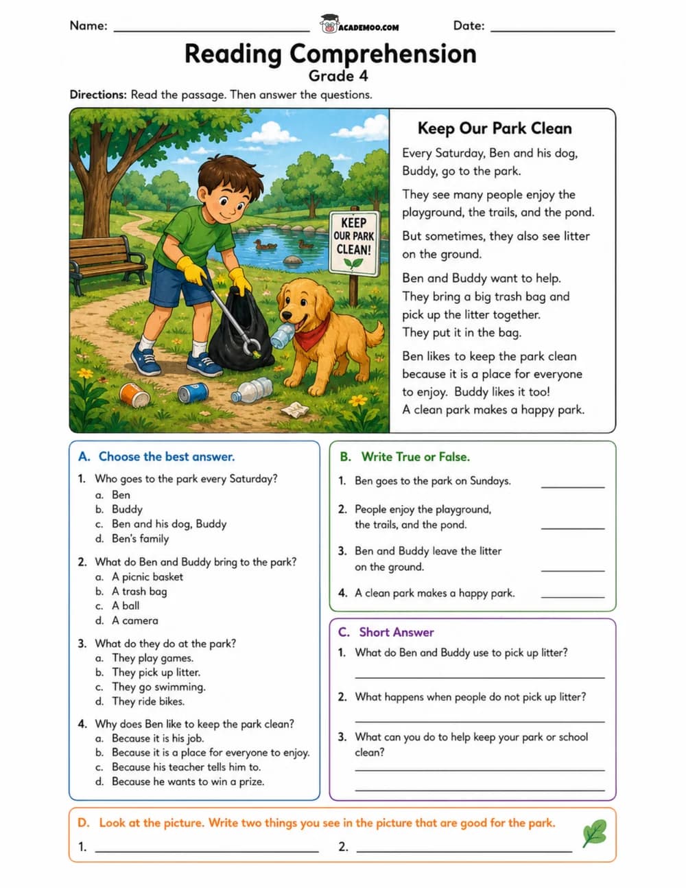 Keep Our Park Clean worksheet — 4th grade language arts printable PDF · Printable Keep Our Park Clean reading comprehension worksheet for 4th Grade.