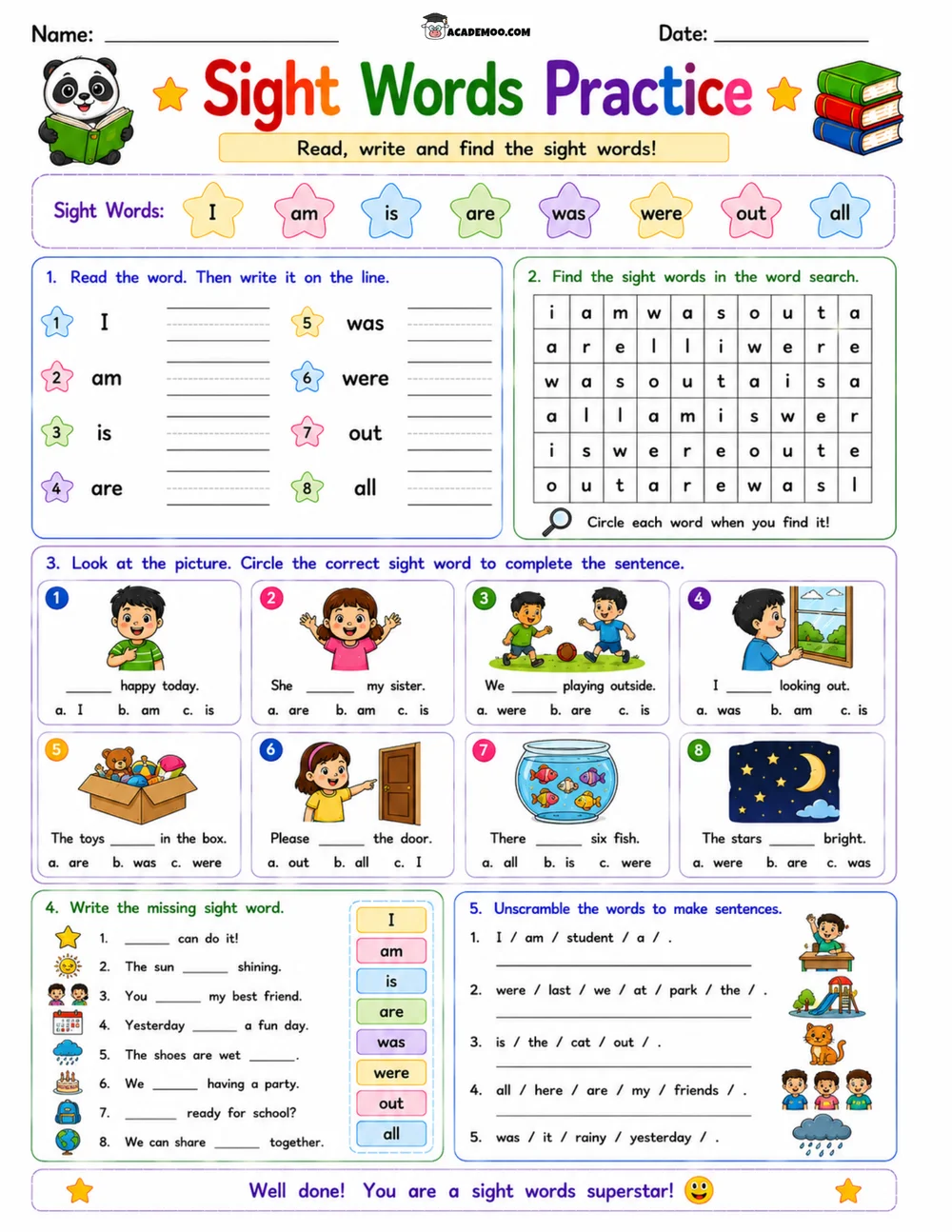 Kindergarten Sight Words Practice 10 worksheet — kindergarten language arts printable PDF · Printable kindergarten sight words practice worksheet for Kindergarten.