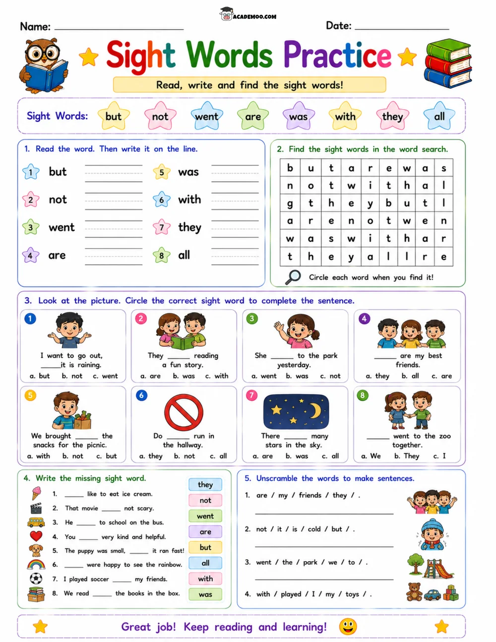 Kindergarten Sight Words Practice 4 worksheet — kindergarten language arts printable PDF · Printable kindergarten sight words practice worksheet for Kindergarten.