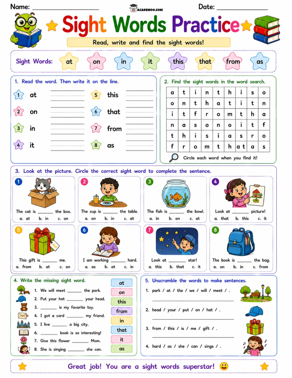 Kindergarten Sight Words Practice 6 worksheet — kindergarten language arts printable PDF · Printable kindergarten sight words practice worksheet for Kindergarten.