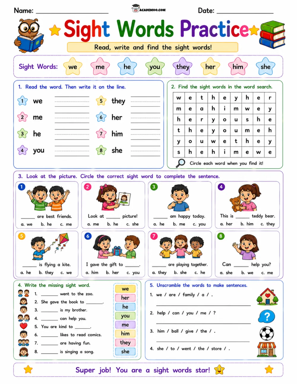 Kindergarten Sight Words Practice 7 worksheet — kindergarten language arts printable PDF · Printable kindergarten sight words practice worksheet for Kindergarten.