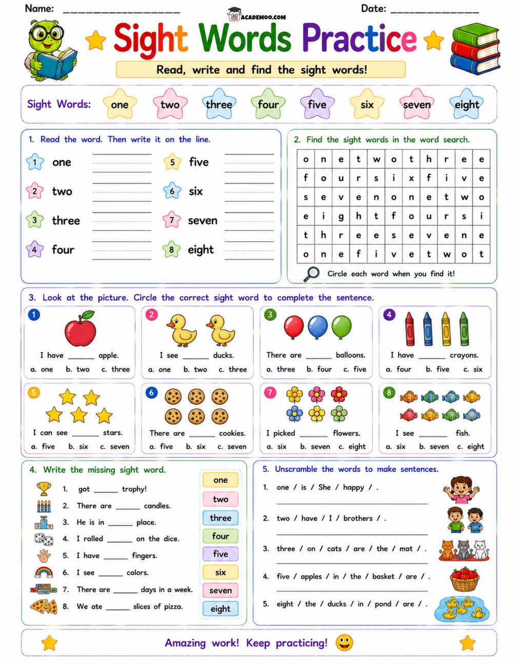 Kindergarten Sight Words Practice 8 worksheet — kindergarten language arts printable PDF · Printable kindergarten sight words practice worksheet for Kindergarten.