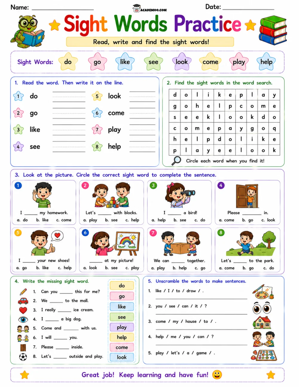 Kindergarten Sight Words Practice 9 worksheet — kindergarten language arts printable PDF · Printable kindergarten sight words practice worksheet for Kindergarten.