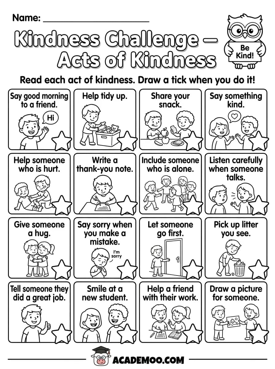 Kindness Challenge worksheet — kindergarten language arts printable PDF · Printable kindness challenge worksheet for Kindergarten.