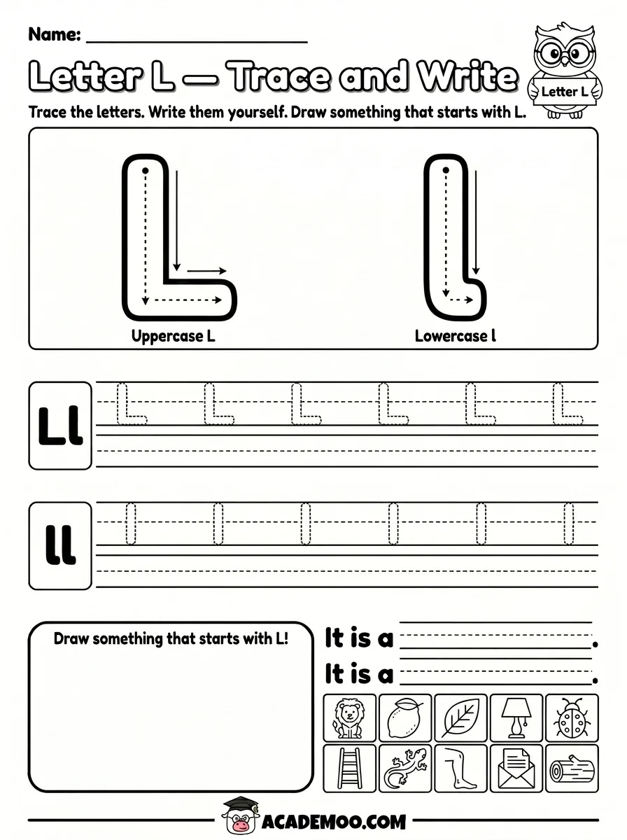 Letter L Trace and Write worksheet — pre-k language arts printable PDF · Printable letter l trace and write worksheet for Pre-K.