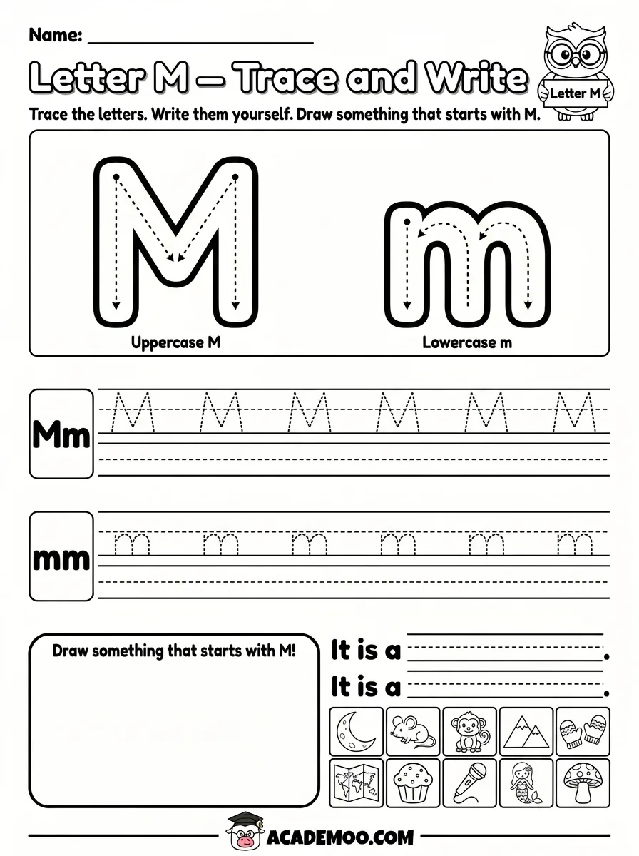 Letter M Trace and Write worksheet — pre-k language arts printable PDF · Printable letter m trace and write worksheet for Pre-K.