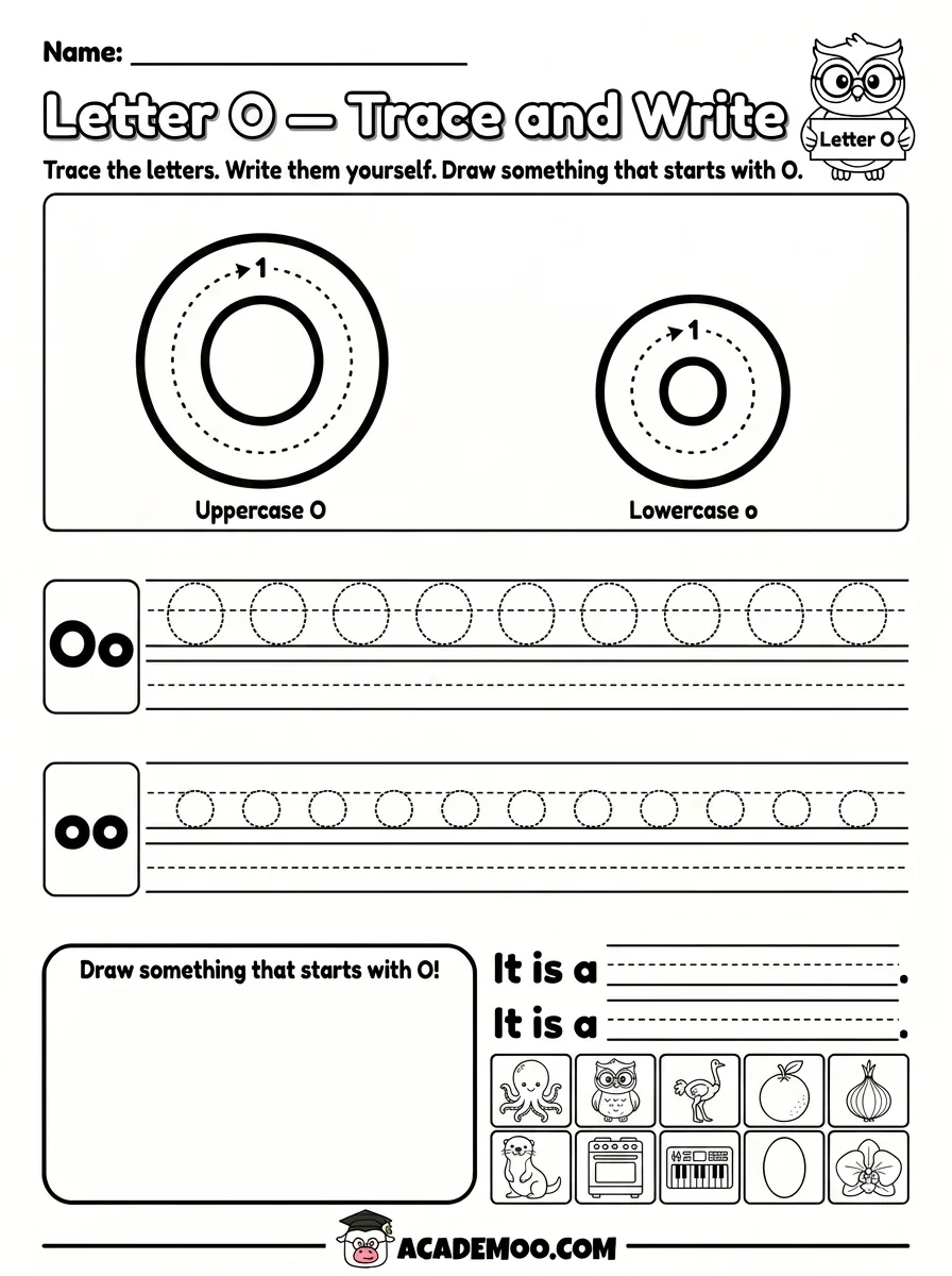 Letter O Trace and Write worksheet — pre-k language arts printable PDF · Printable letter o trace and write worksheet for Pre-K.